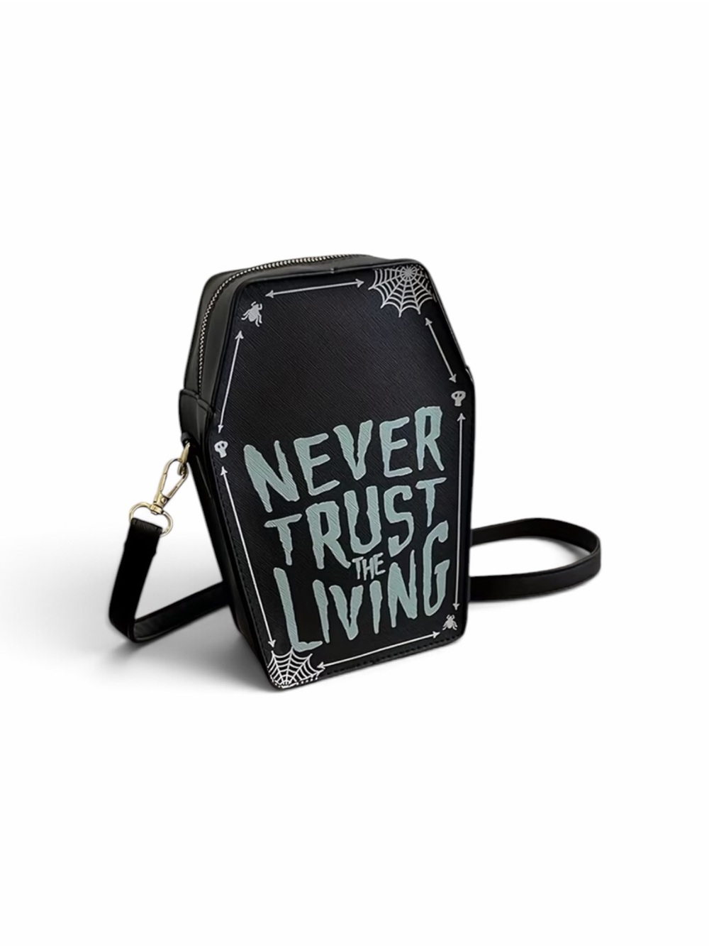 Never Trust The Living Coffin Crossbody Spider Web Print Bag